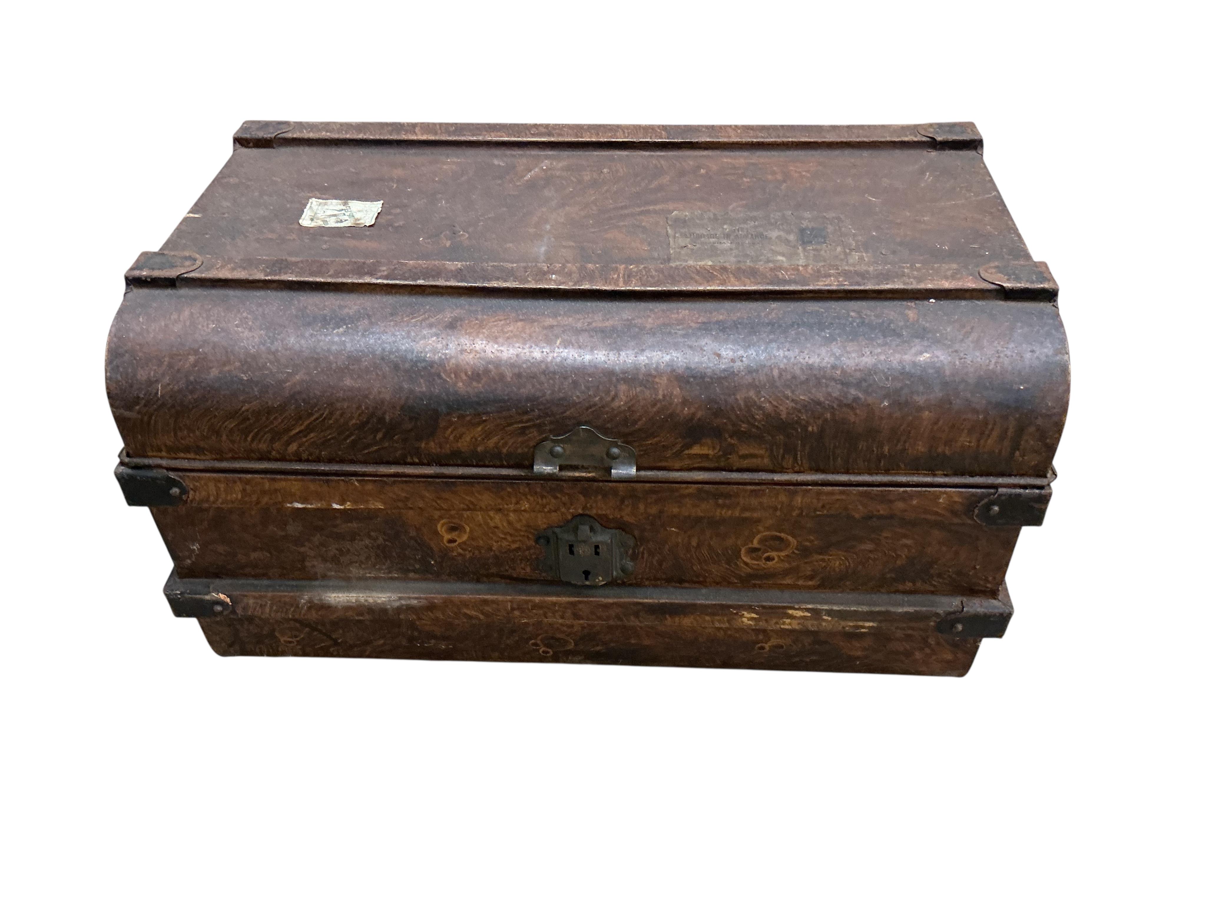 A Victorian painted tin trunk, width 60cm, depth 40cm, height 36cm together with a later larger canvas covered trunk